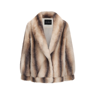 NanaJacqueline冬季新款翻领环保皮草女时尚米灰条纹宽松休闲外套