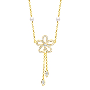 潮宏基小确幸s925银仿珍珠项链银饰套链花流苏妇女节甜美送女友