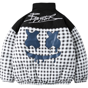 ER两面穿短款格子棉衣男2026冬季加厚撞色拼接立领外套国潮牌情侣