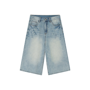 FORNINES水洗复古8分牛仔短裤男女宽松直筒阔腿潮牌八分中裤夏季