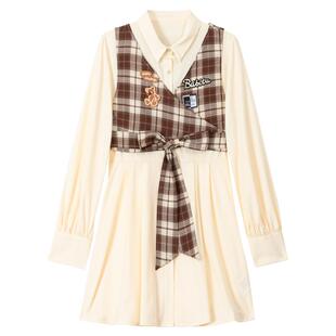 KEIKO 复古格纹拼接假两件式衬衫裙2026春季学院风系带收腰连衣裙