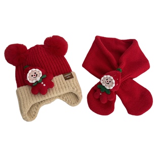 新年红色宝宝帽子围巾套装秋冬季圣诞喜庆婴儿护耳帽男女童套头帽