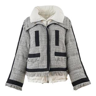 CISSONNE赛颂秋冬鹅绒时髦个性撞色粗花呢拼接设计感羽绒服