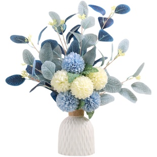 轻奢尤加利球菊仿真花束陶瓷瓶摆件假花干花客厅餐桌花艺摆设装饰