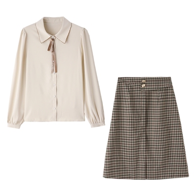 质感格子裙气质衬衫半身裙女套装