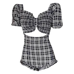 RL洛丽卡泳衣女2023新款格子保守连体短袖可爱微胖显瘦泡温泉泳装