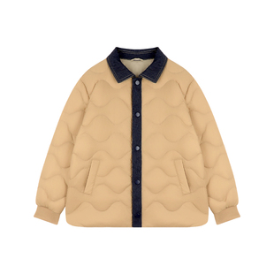 Amybaby女童外套秋冬季2025新款潮流波浪牛仔保暖拼接翻领羽绒服