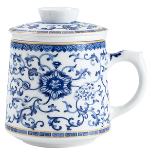 青花茶水分离茶杯陶瓷马克杯带过滤泡茶杯描金满花珐琅彩办公水杯