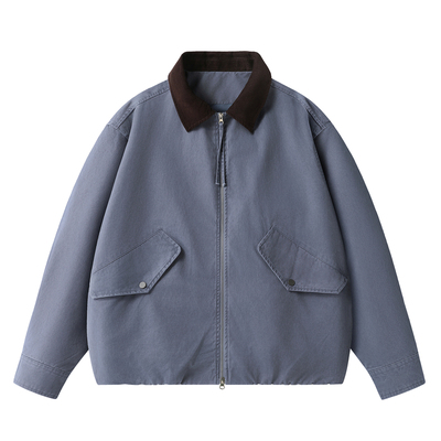 美式复古工装拼接宽松短外套情侣