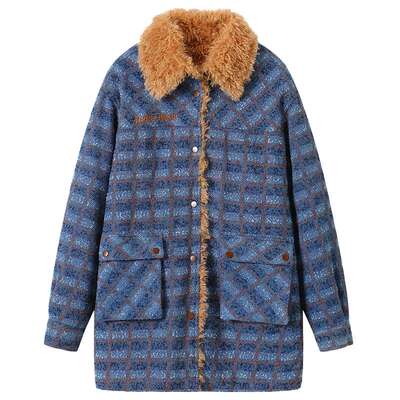 【刘些宁同款】ANDREA MARTIN冬新款蓝色牛仔格子拼接两面穿外套