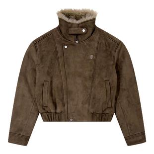 FDR官方店 仿麂皮毛领斜拉链美式女秋冬棕色翻领夹克外套男款加厚