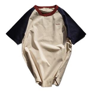 过载商店VINTAGE红白蓝撞色纯棉重磅短袖T男女基础款情侣