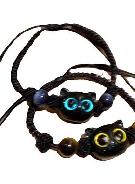 呆萌甜酷小喵ins小众黑色檀木小猫咪编织手链戒指送情侣闺蜜礼物