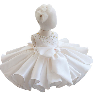 轻奢宝宝周岁儿童小礼服公主裙婴儿抓周蓬蓬纱女童白色缎面晚礼服