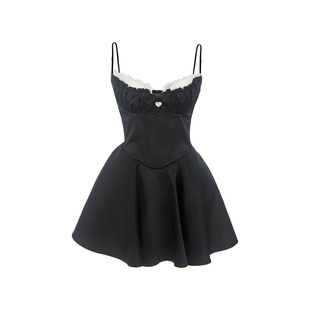 Mummy Cat下蛋喵 黑色褶皱精致千金生日聚会轻礼服吊带短款连衣裙