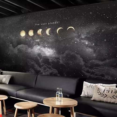 黑色星空墙纸夜空月亮月球背景墙装饰墙布客厅卧室咖啡厅餐厅壁纸