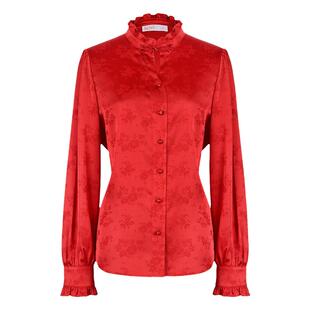 固执新中式高级感气质上衣2025新式国风红色提花长袖女式衬衫