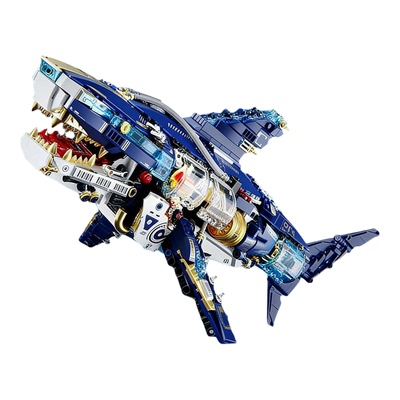 机械鲨鱼积木拼装男孩益智玩具2026新款海洋生物模型赛博风格摆件