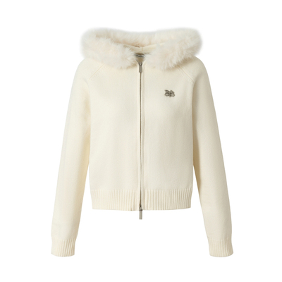 RPB BRAND秋季毛领连帽针织开衫外套高级慵懒风拉链毛衣上衣女