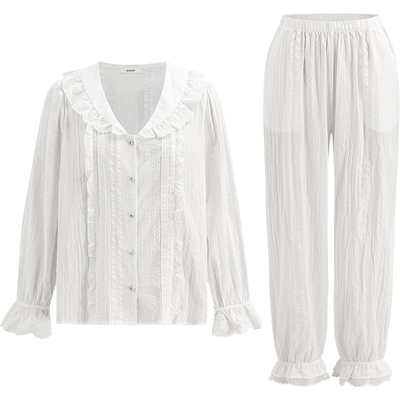 商场同款MYBODY秋季新款纯棉睡衣女款长袖套装清新印花开襟家居服