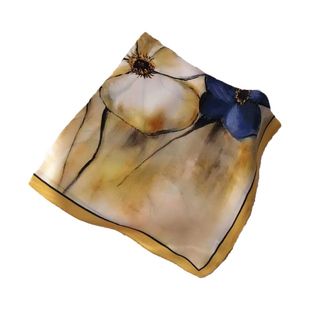 真丝小方巾丝巾女春秋油画百搭姜黄色蓝花100%桑蚕丝装饰领巾围脖