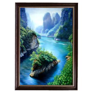 手绘三峡装饰画中式客厅背景墙风水壁画峡谷高山绿树有水油画卓克