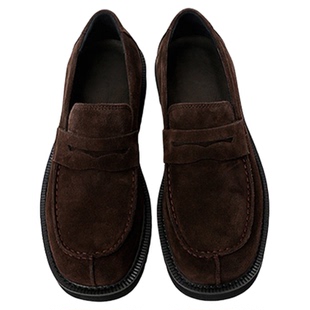 老钱风乐福鞋男款德比鞋增高一脚蹬方头真皮复古反绒透气休闲皮鞋