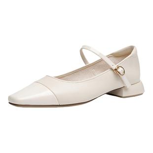 红蜻蜓通勤单鞋春秋女鞋法式方头皮鞋粗跟一字带玛丽珍鞋