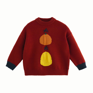 砚台家童装男童红色针织毛衣冬装宝宝马年本命年上衣儿童新年衣服