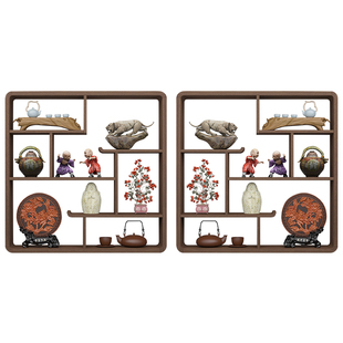 博古架挂墙实木中式客厅摆件简约现代挂壁式茶具架摆件禅意展示柜