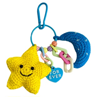 成品 披星戴月 手工钩织星星月亮钥匙扣包包挂件毛线钩针diy情侣