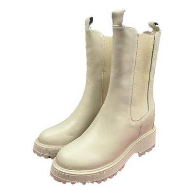 米色真皮内增高10cm中筒烟筒