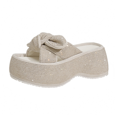 厚底时尚蝴蝶结一字水钻凉拖鞋