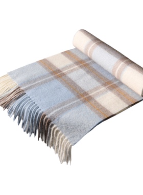 蓝色格纹100%澳洲纯羊毛围巾女秋冬加厚洋气2026新款高级感配大衣