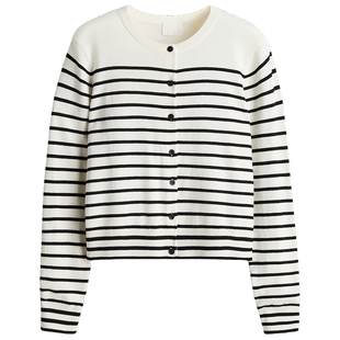 HM女装毛针织衫春季空调衫打底衫短款开衫条纹薄外套0579541