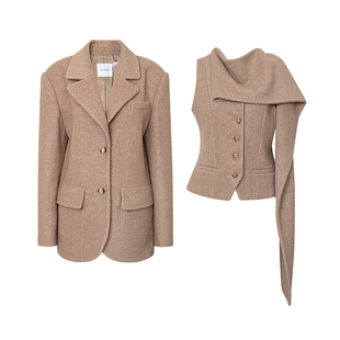 TOP家 时髦雅致 法式复古廓形肌理小众设计围巾式马甲/羊毛西装