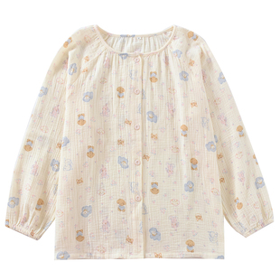 纯棉纱布睡衣女士上衣圆领开衫长袖薄款春夏印花宽松大码家居服