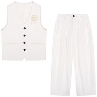 落落狷介 白色套装裤独特绝美初春小套装小个子两件套马甲+阔腿裤