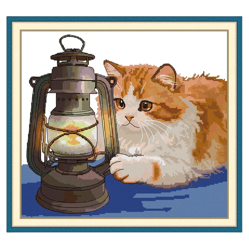 可爱猫咪十字绣新款橘猫与煤油灯