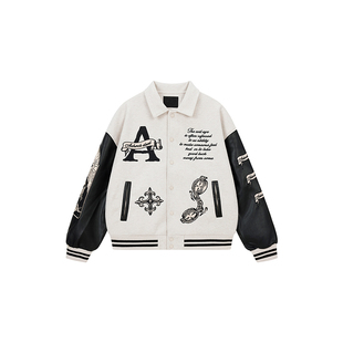 美式高街棒球服女冬季撞色刺绣宽松夹克外套情侣重磅上衣oversize