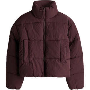 HM女装红色菱格纹棉服冬季保暖立领拉链短款棉衣棉袄外套1228408