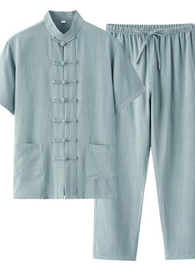 短袖亚麻夏季薄款中式居士服唐装