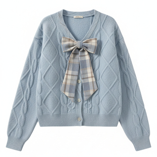 巨好看甜美套装冬装浅蓝色毛衣+格纹短裙穿搭针织衫小个子一整套