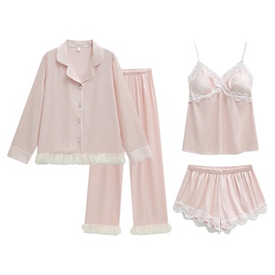 蜜蜂欢乐社冰丝吊带短裤睡衣女春夏季带胸垫四件套家居服长袖套装