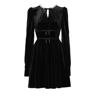 DPLAY2025秋季黑色珍珠领丝绒连衣裙气质短款蝴蝶结礼服小黑裙
