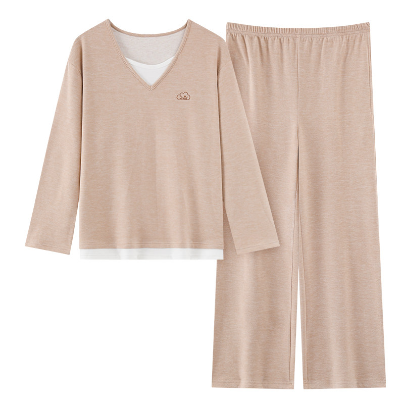 德绒睡衣女春秋保暖假两件家居服
