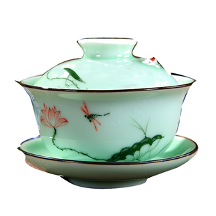 三才碗龙泉青瓷盖碗茶杯茶具茶碗手绘青花山水陶瓷大号泡茶器创意