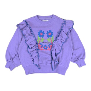 日本 MARKEYS 2026春秋女童对衬波浪荷叶花边向日葵字母圆领卫衣