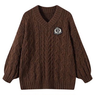 DDXZ夕子 韩系学院风徽章上衣设计感宽松亲肤软糯保暖V领套头毛衣