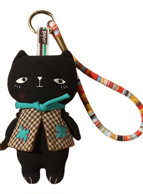 日系简约风可爱小黑猫布艺玩偶钥匙扣包包挂件背包挂饰品生日礼物